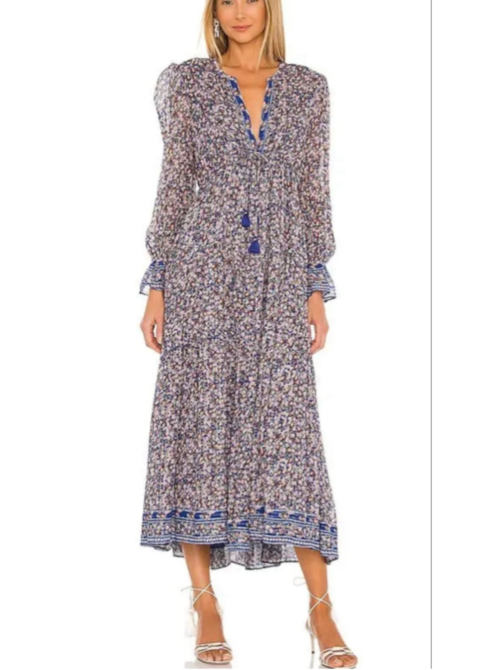 Saylor Ina Drawstring waist Metallic threading Floral Long Sleeve Midi Dress M